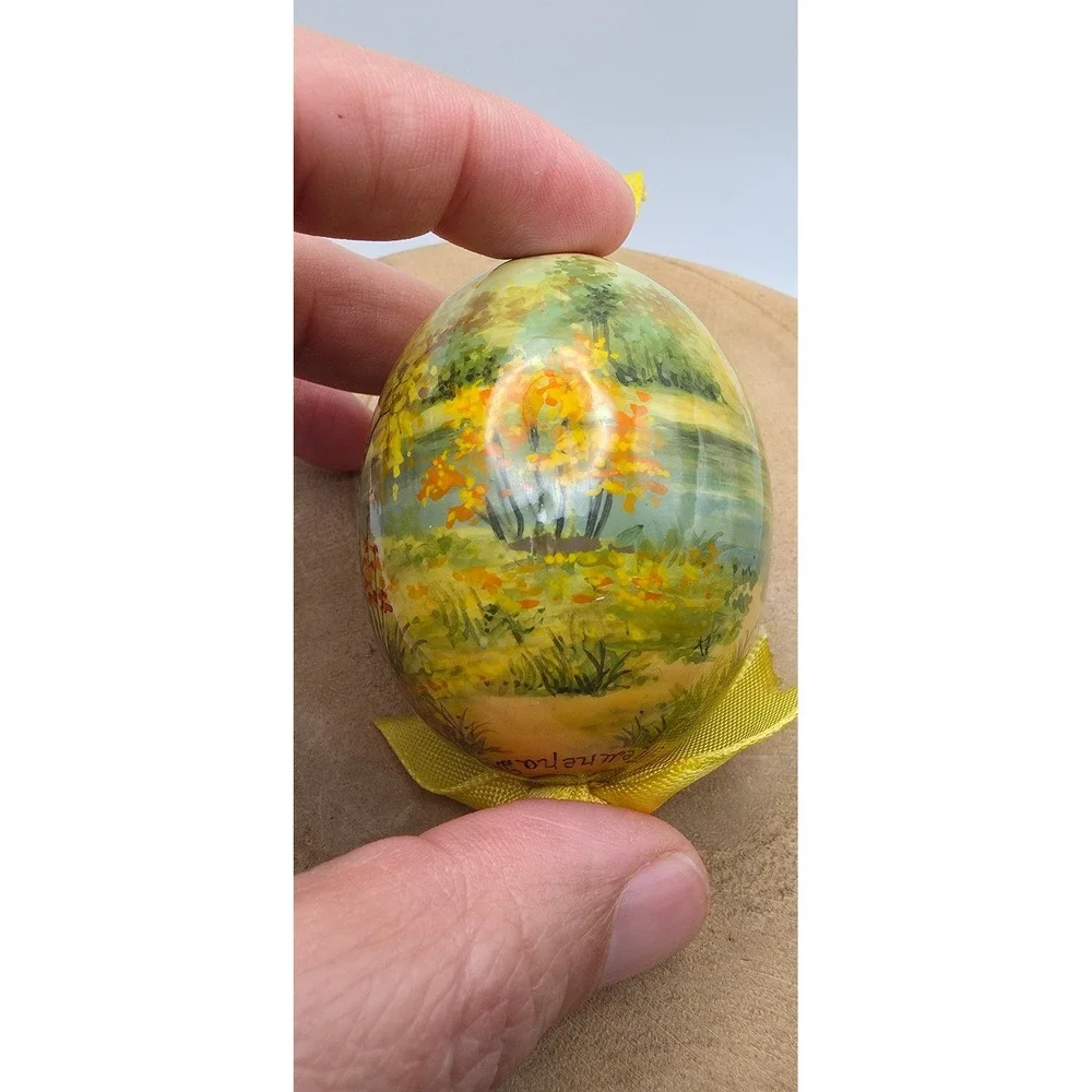 Vintage 2000 Russian Hand Painted Lacquer Egg Ornament Birch Tree Landscape